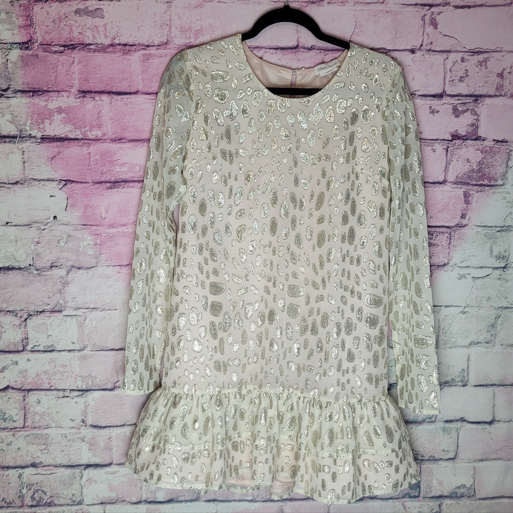 LOVERS + FRIENDS WHITE SILVER TEXTURED DOT RUFFLE HEM MINI LONG SLEEVE DRESS S